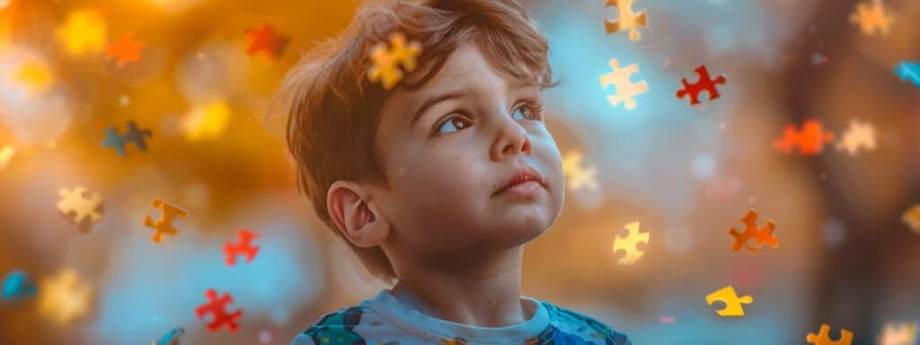 Little boy with autism on blurred background with puzzle pieces. Child mental health. Autism spectrum disorder concept, ASD. World autism awareness day